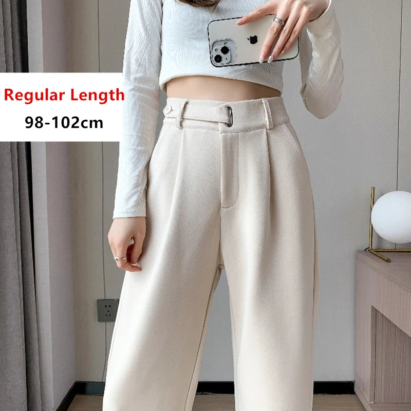 Pantalon en laine épais à jambe large pour femmes — décontracté, taille haute, bouton, chic, automne-hiver 2025