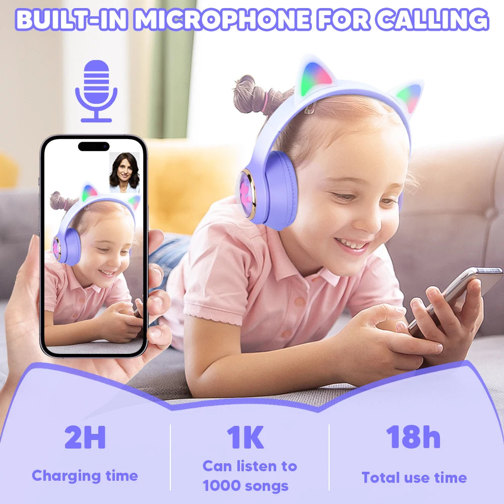 Auriculares inalámbricos RGB con orejas de gato para PC, lindos, cápsula espacial 3D, auriculares Bluetooth, auriculares plegables para juegos, regalos para niñas