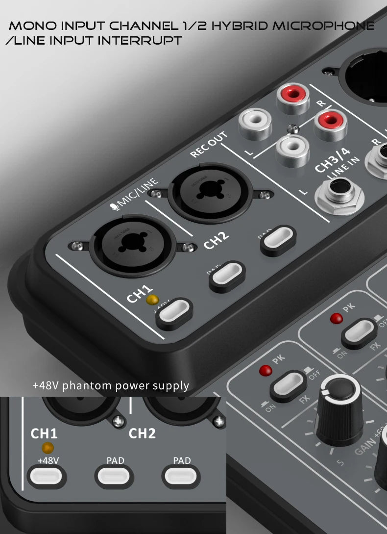 Mélangeur Audio DJ 4 Canaux USB Bluetooth — Console Mixage 48V Karaoké & Studio
