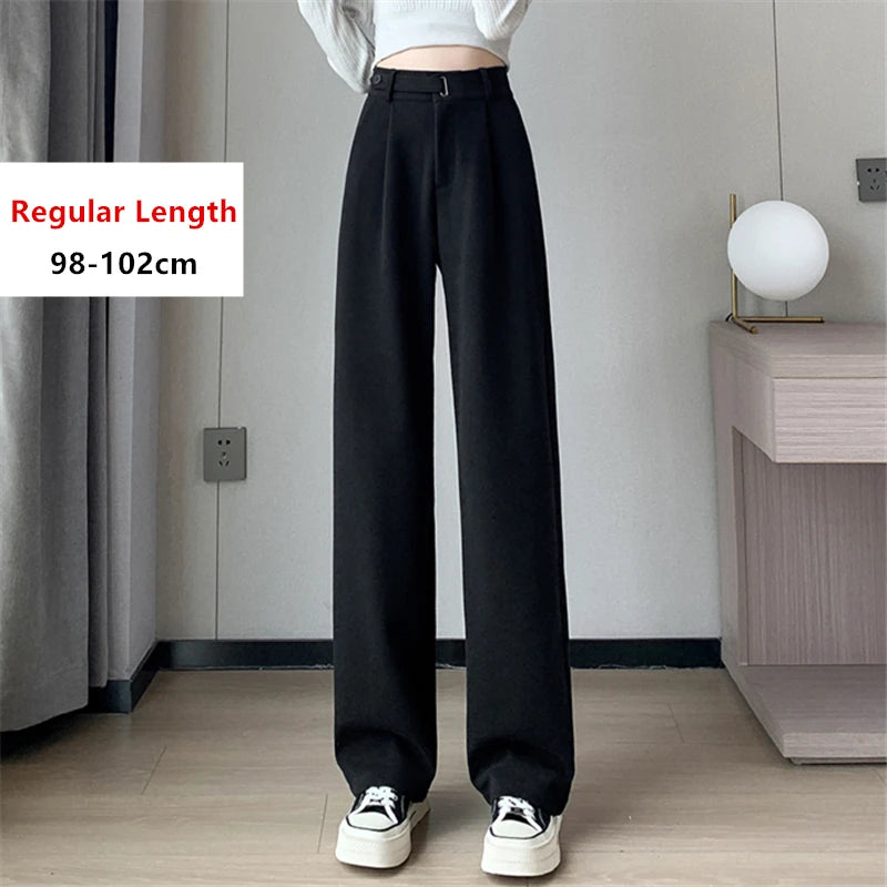 Pantalon en laine épais à jambe large pour femmes — décontracté, taille haute, bouton, chic, automne-hiver 2025