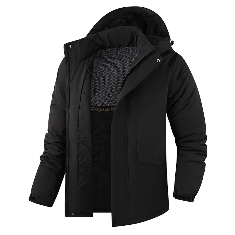 Men's thick waterproof winter jacket, windproof, detachable hood, multi-pockets, work windbreaker, Safari