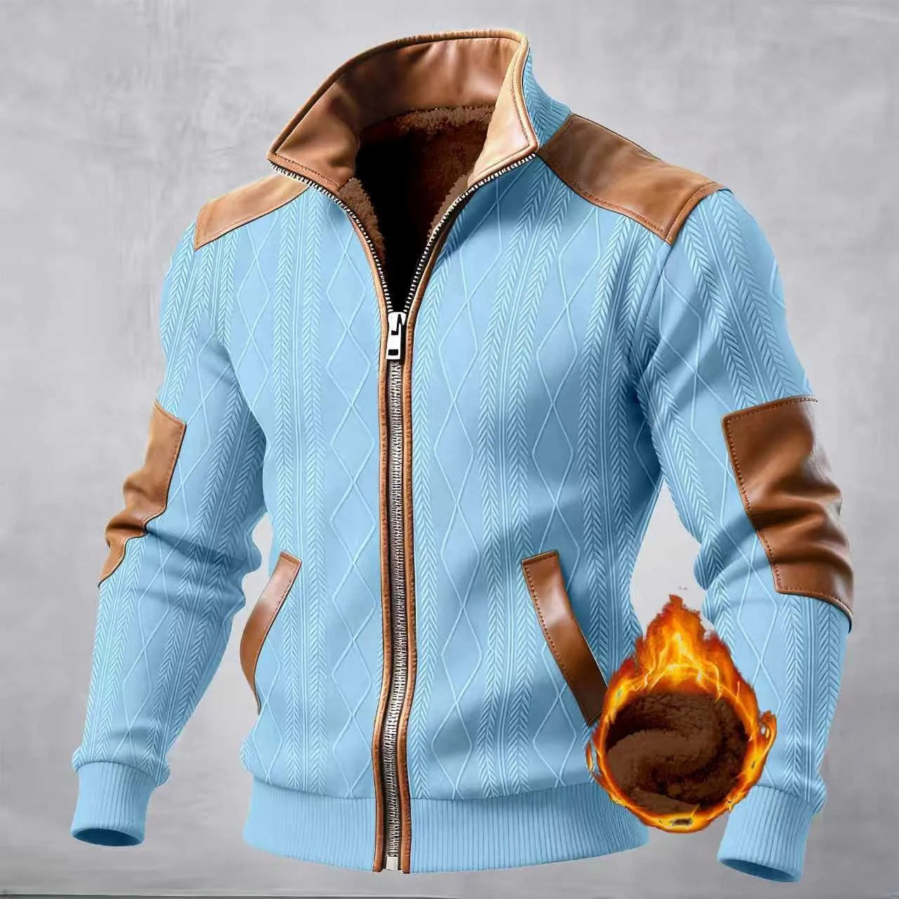 Chaqueta casual para hombre, textura texturizada, patchwork jacquard, moda, cuello alto, cálida y cómoda, invierno