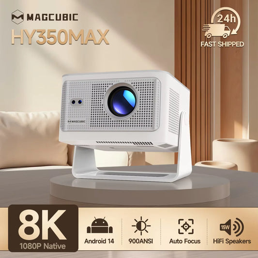Proyector Magcubic Android 14 900 ANSI con enfoque automático nativo 1080P compatible con 8K con Wifi6 BT5.4, película portátil para exteriores HY350Max