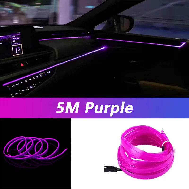 Car Interior LED Strip Light Neon EL Wire Auto Decorative Lamp DIY Flexible Ambient Light USB Party Stops Diode 5m