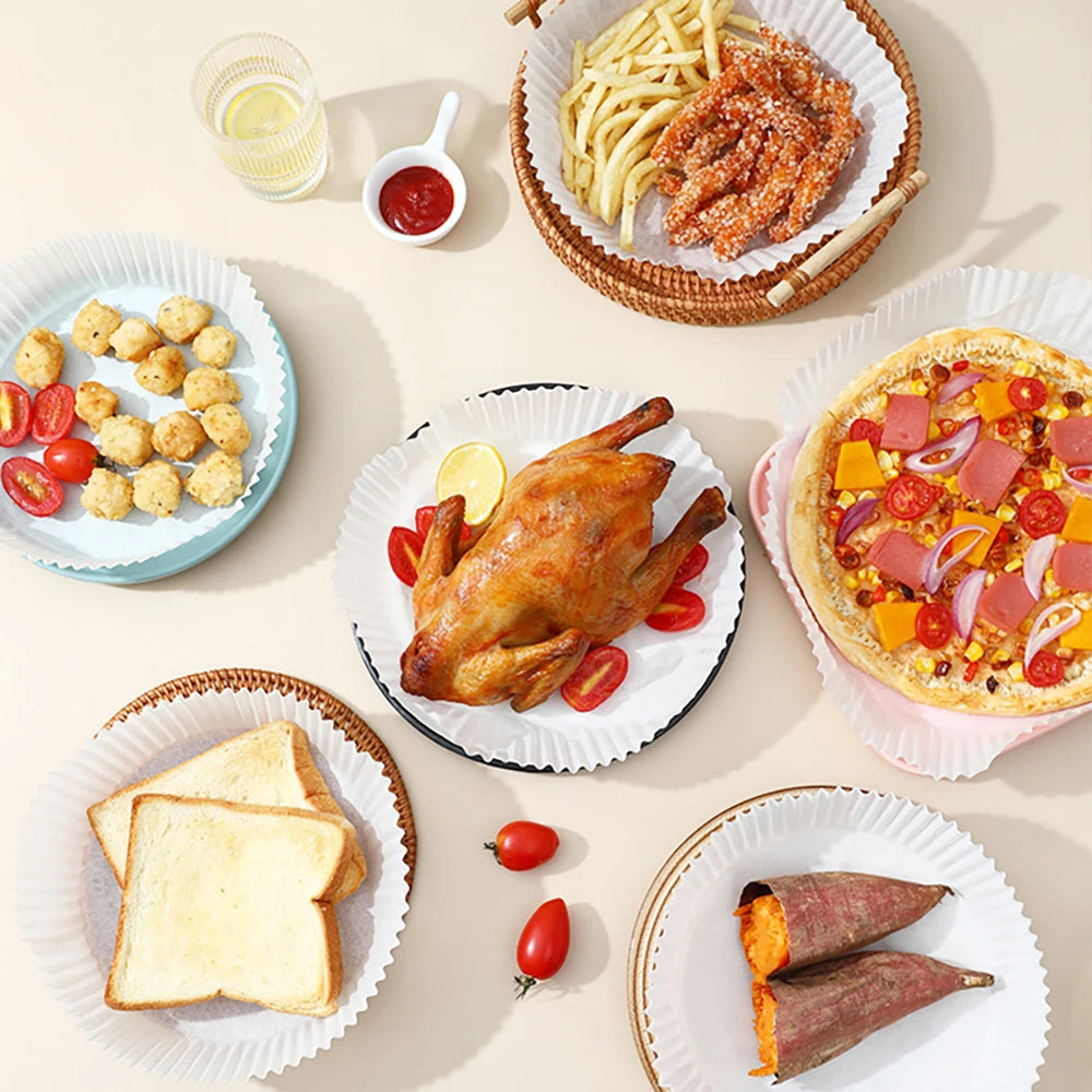 Papier antiadhésif pour friteuse à air et poulet, papiers de cuisson ronds, doublures en papier, accessoires de cuisine, 50 pièces, 100 pièces