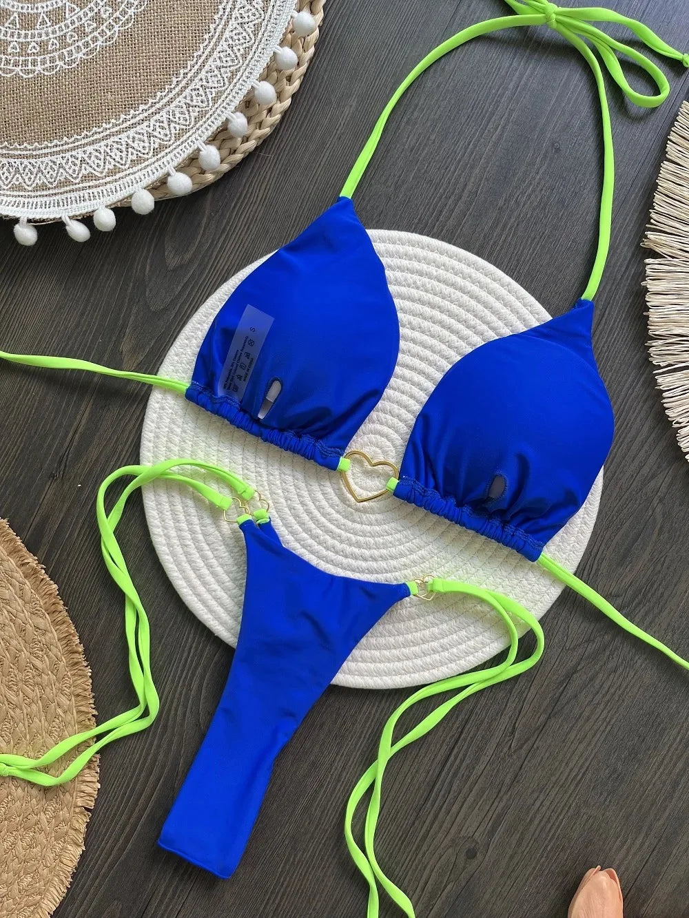 Ensemble bikini sexy dos nu couleur unie taille basse pour femme, maillot de bain deux pièces triangle string brésilien