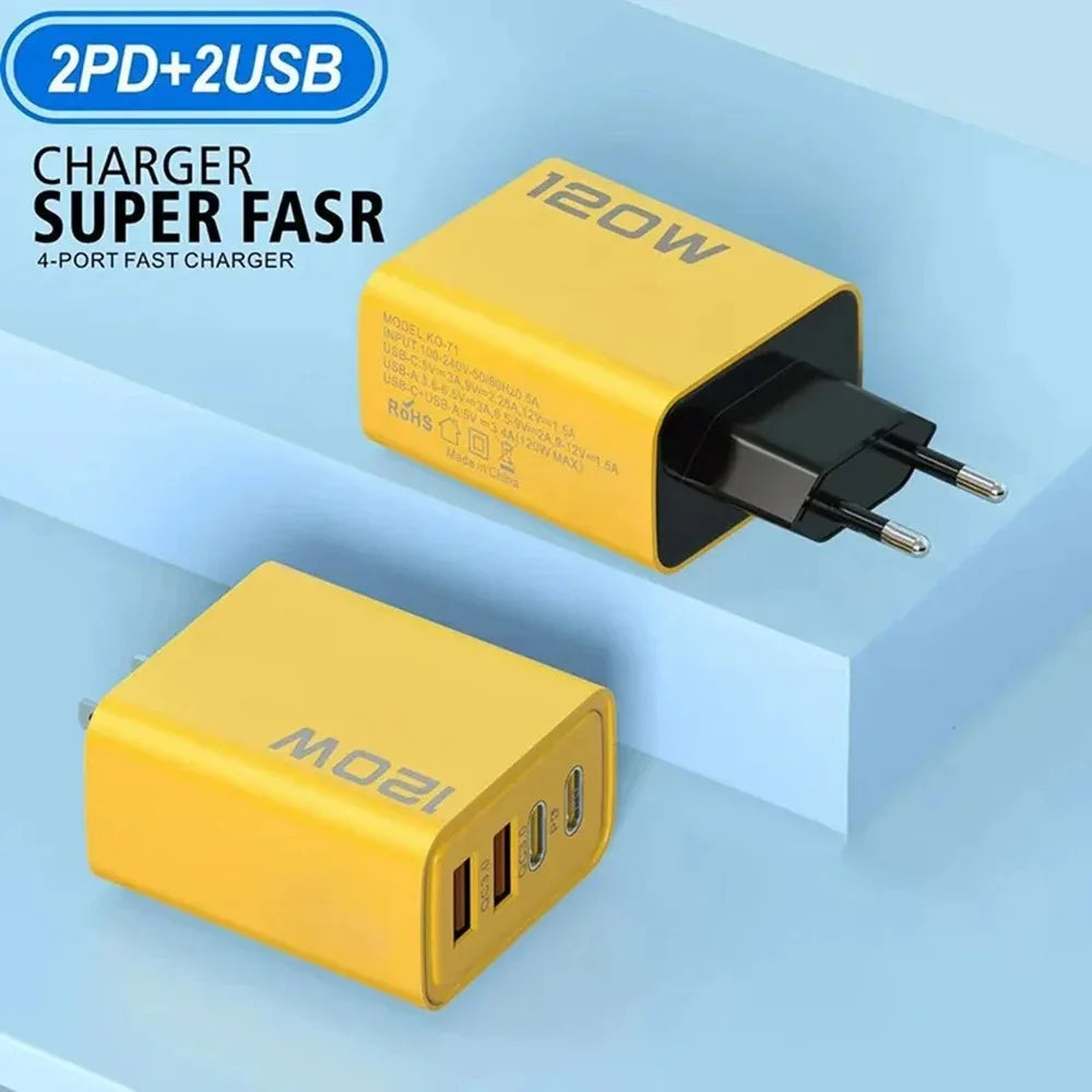 Cargador rápido USB de 120W en total, 4 puertos PD, carga rápida USB 3.0, tipo C, enchufe universal de pared para UE, EE. UU., Reino Unido, adaptador de carga USB C.