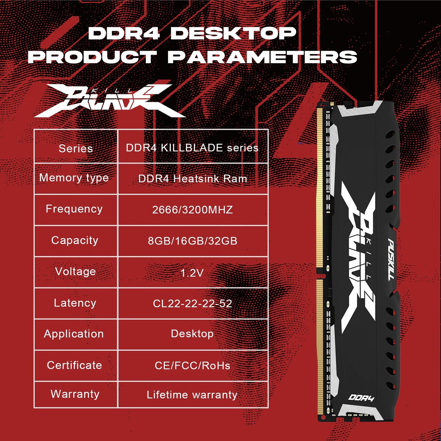 PUSKILL-Mémoire de serveur d'ordinateur de bureau, modèle DDR4, capacité 16 Go 8 Go, fréquence d'horloge 1.2/3200/2666mhz, ram, format UDIMM