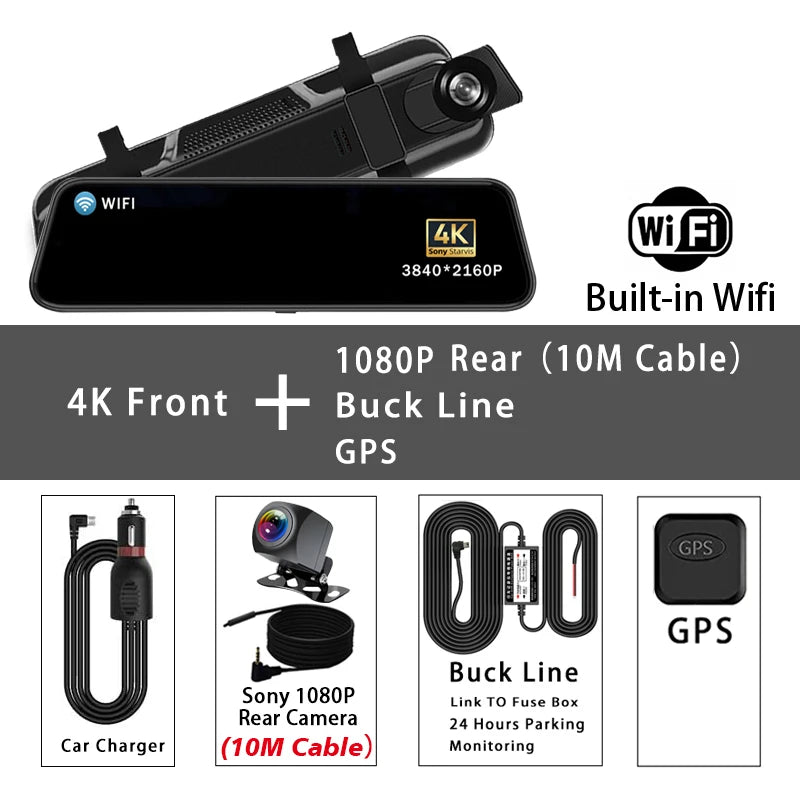 10 "Dash Cam 4K 2160P GPS WIFI voiture Dvr miroir double lentille Dashcam IPS écran voiture caméra lecteur enregistreur flux rétroviseur