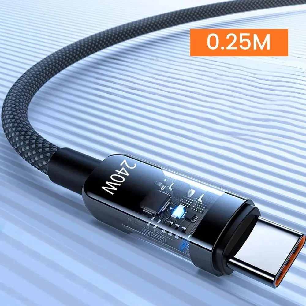 0,25/1/1,5/2M 240W Cable de datos de carga súper rápida USB C PD de nailon con pantalla digital LED, cables de datos de carga rápida USB a Tipo C