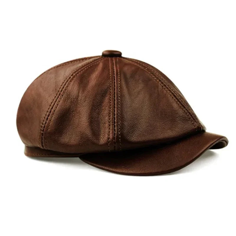 Men's Retro Brown Hats, Warm Genuine Leather Cap, Painter Beret, High-Quality Cowhide Octagonal Boina, Spring/Winter 100%