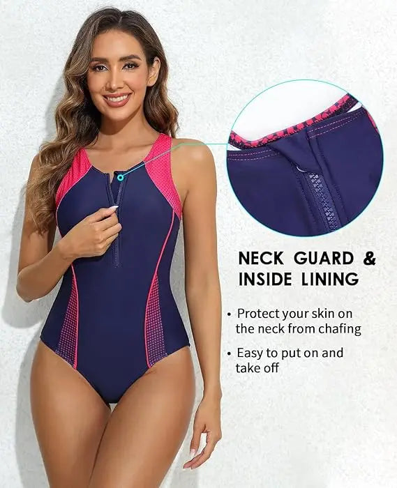 Anfilia femmes une pièce sport maillot de bain avant fermeture éclair conception couleur bloc séchage rapide maillots de bain dos nageur cousu soutien-gorge maillot de bain