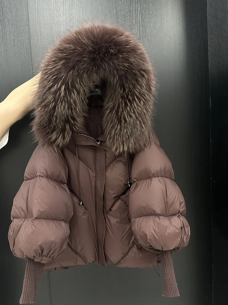 Winter Hooded Natural Big Fur Collar Down Jacket Women Short White Duck Down Outwear Female Lantern Sleeve Warm Quilted Coat