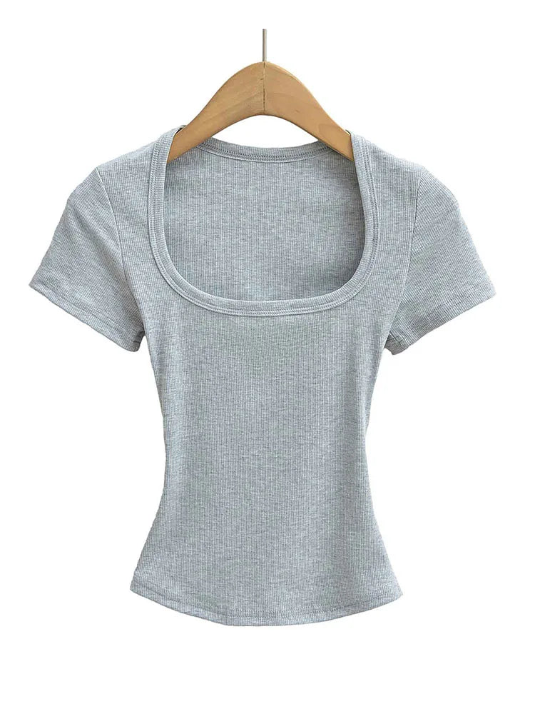 Haut Court Col Carré Femme — Coupe Cintrée, Extensible, Manches Courtes, Sexy Été