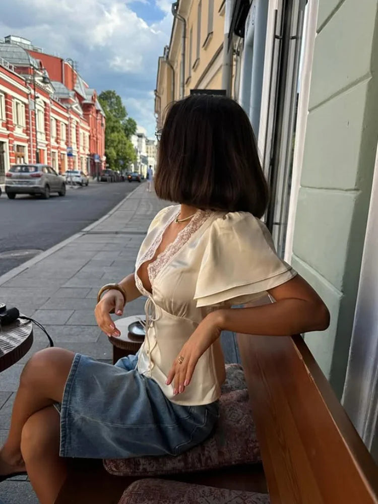 Ahagaga décontracté haut pour femme solide dentelle col manches courtes Satin mince bouton régulier Eelgant Streetwear t-shirts femme basique t-shirts