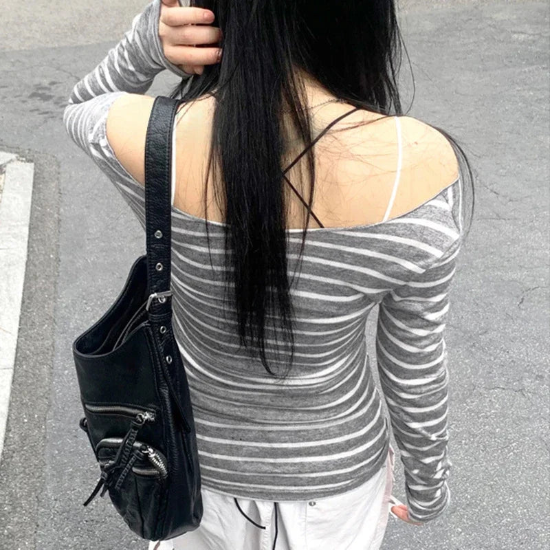 Camiseta de manga larga a rayas para mujer, nuevos modelos básicos japoneses, ajustada, sin tirantes, estilo callejero coreano y2k, primavera otoño