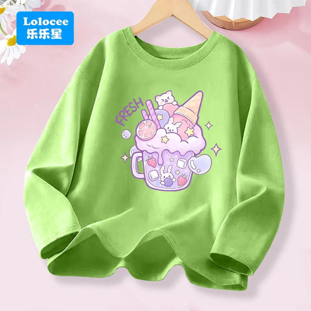 T-shirt rose à manches longues pour filles de 3 à 14 ans, haut en coton pour enfants, mignon "FRESH", imprimé boisson et Animal, nouvelle collection printemps 2026