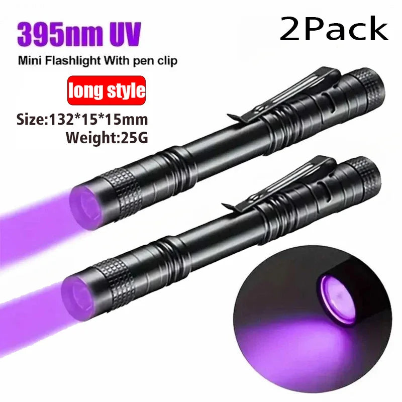 Lampe de poche UV 395nm, torche ultraviolette avec pince à stylo, piles AAA portables utilisées, lumière violette, détecteur d'urine animale et de Scorpion, lampe UV