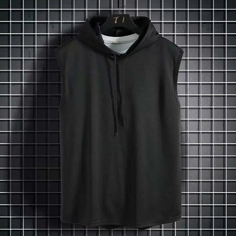 Men Tie Collar Hooded Sleeveless Vests Male Summer Loose Solid Hip Hop T-shirt Tops
