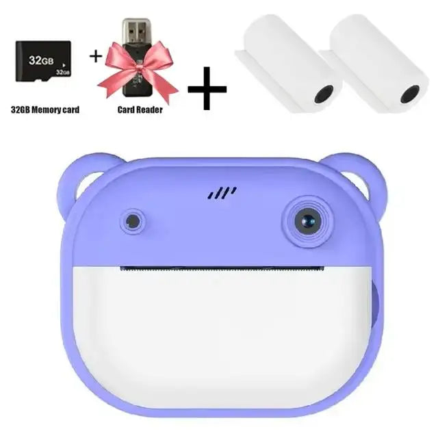 Cámara instantánea para niños, minicámara de vídeo digital para niños, pantalla 1080P, impresión de papel térmico + tarjeta de memoria de 32G
