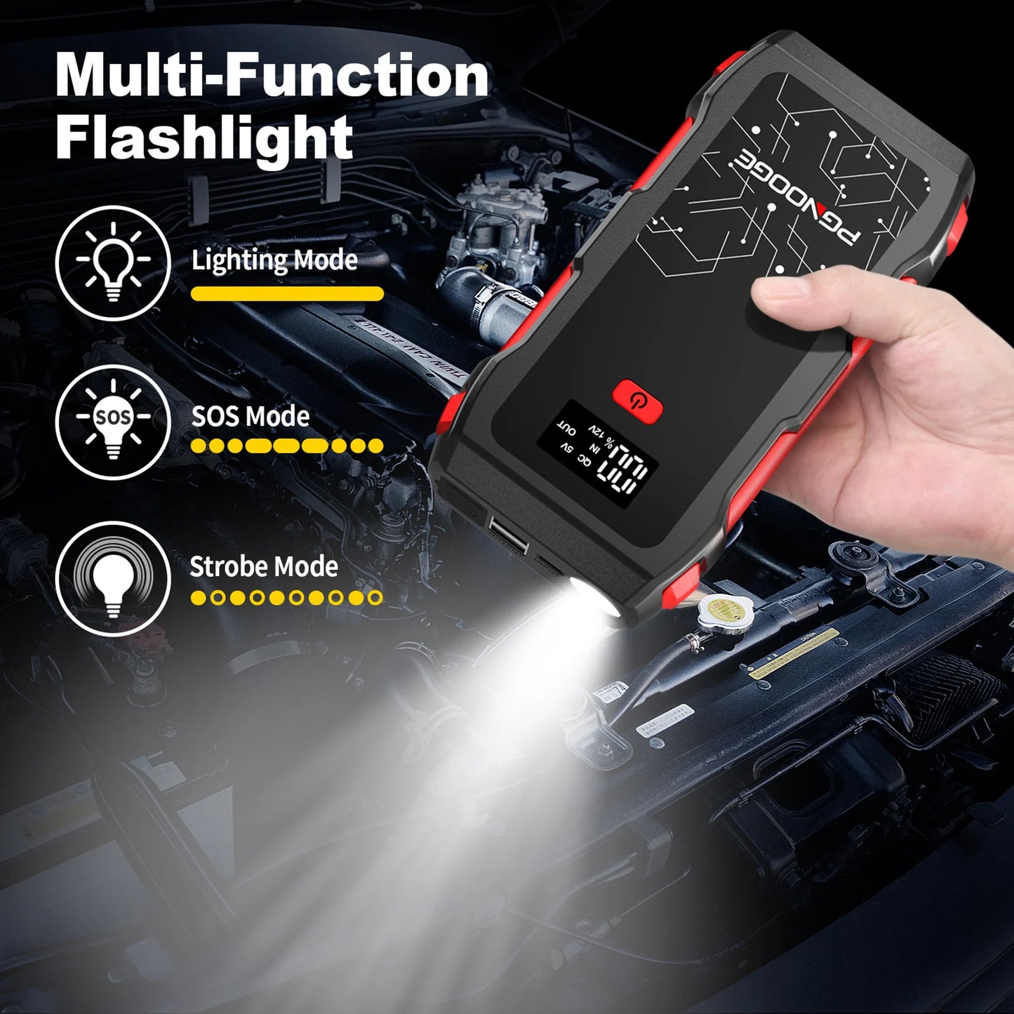 PGNOOGE 26800mAh 6000A de Crête Démarreur de Batterie, Booster de Batterie pour Tous les Moteurs Essence et 10L Diesel, 12V Batterie Voiture avec Lampe Torche, Affichage LED, Charge Rapide USB