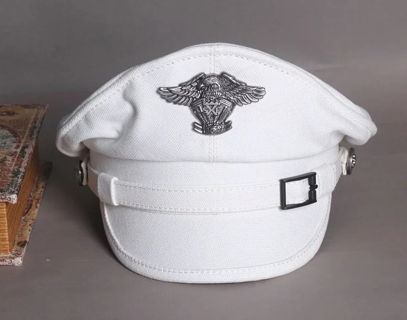 Retro Sailor Visor Cap for Men and Women, Canvas Spring Military Hat, Gray Eagle Belt, Locomotive Cap, 2024