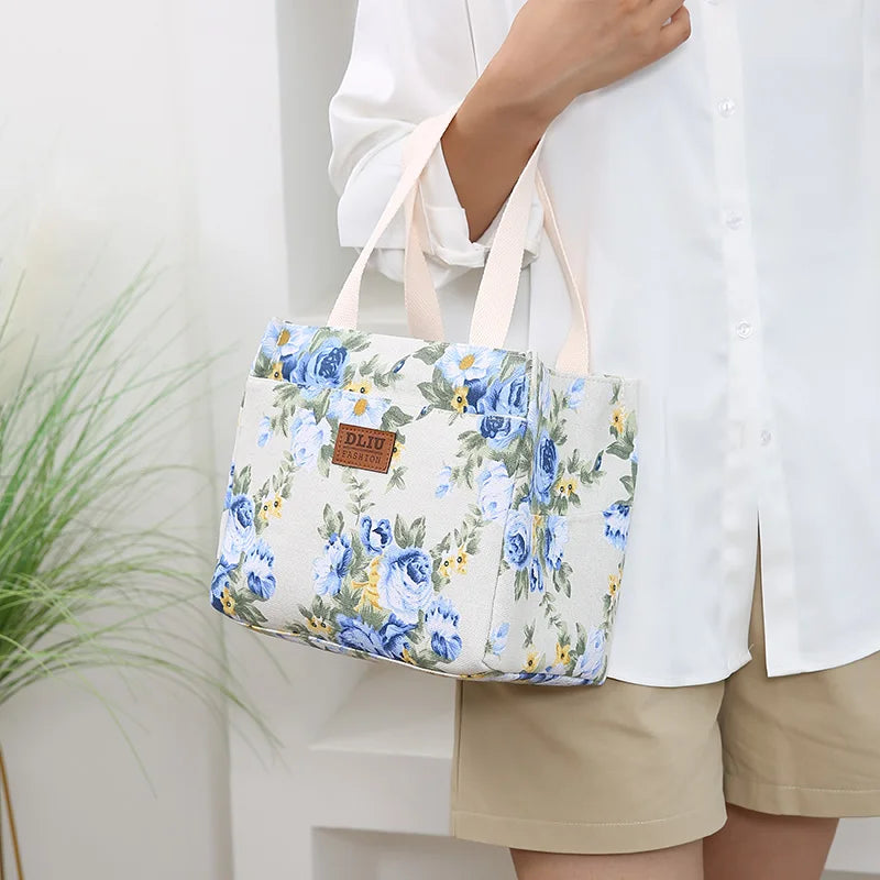 Bolsa de almuerzo estética con estampado floral, bolsa bento aislada de gran capacidad, bolsa térmica para la escuela, el trabajo, los viajes y pícnic