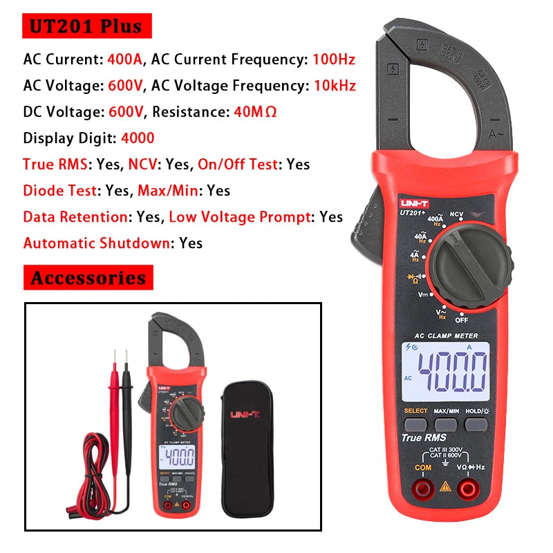 Pince multimètre AC/DC numérique — voltmètre, ampèremètre, multitesteur électrique professionnel