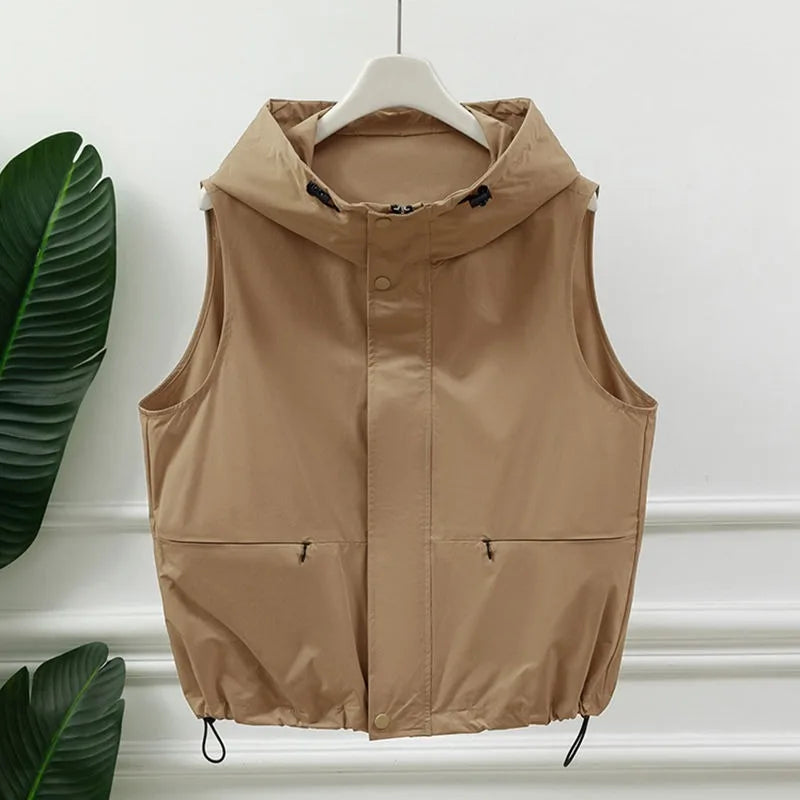 Chaleco utilitario sin mangas con capucha para mujer, gris claro, cremallera frontal, cordón, bolsillo en la cintura, chaleco informal para exteriores