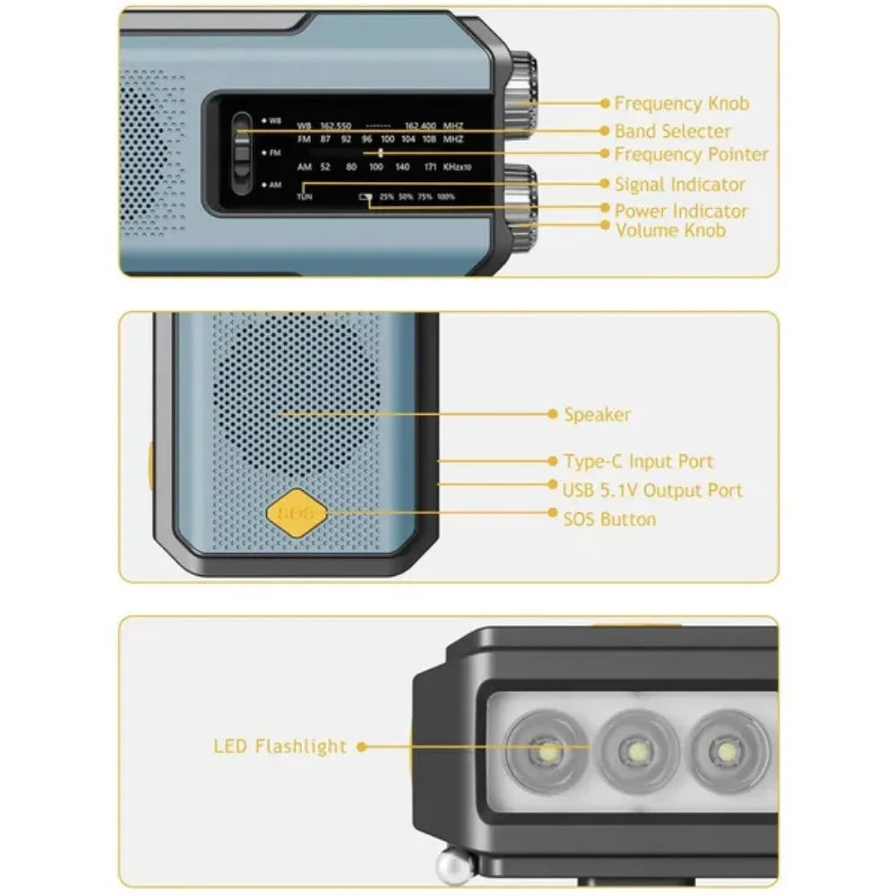 Radio météo d'urgence multifonctionnelle, FM AM WB, manivelle, charge USB solaire, batterie externe 2000mAh, lampe torche LED