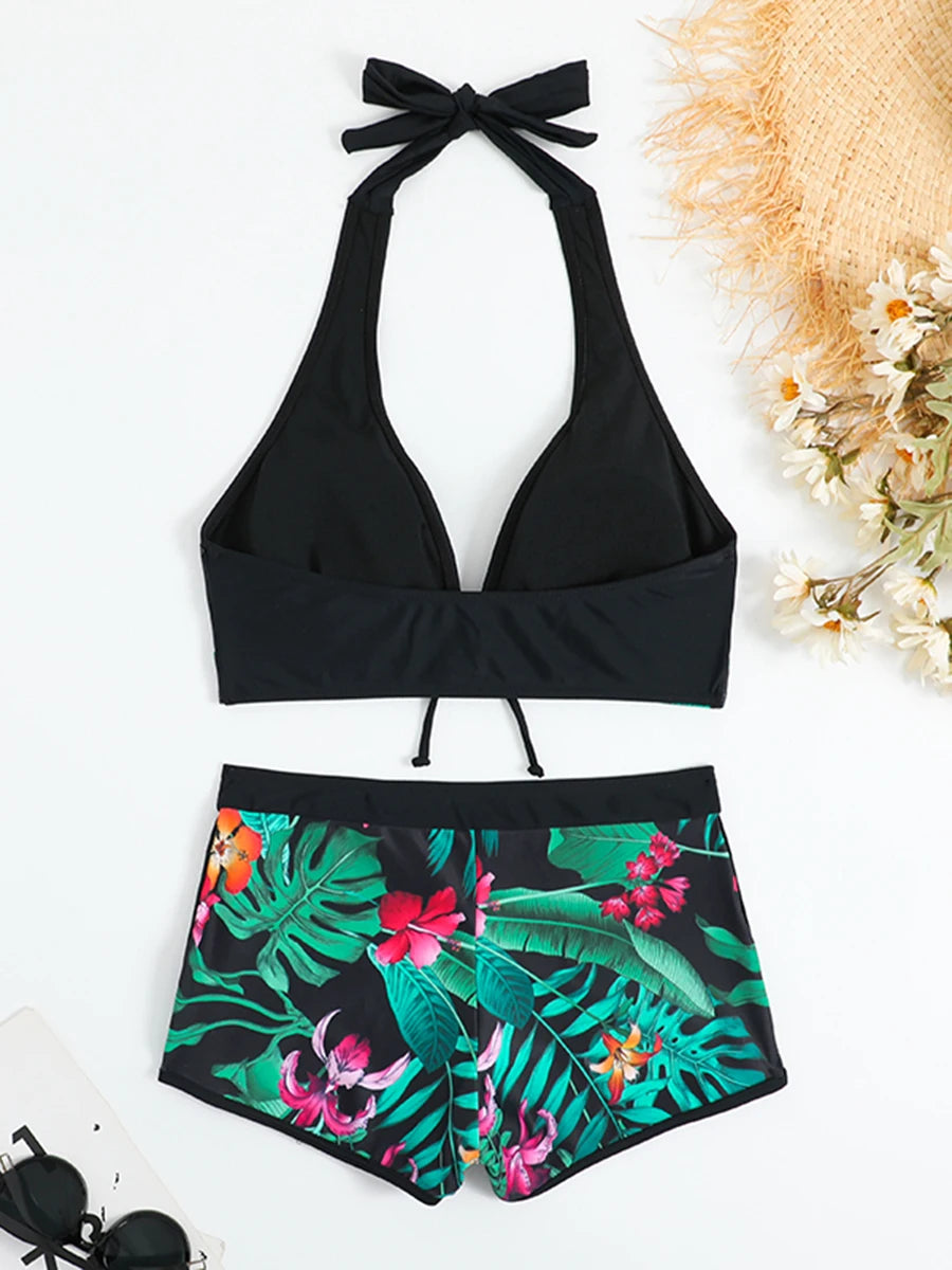 Ensemble de bikini halter 2026, maillot de bain court pour femme, maillot de bain taille haute imprimé, tenue de plage