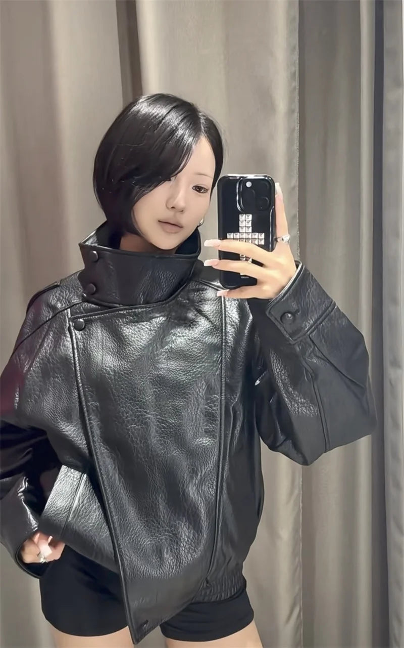 Veste femme automne 2025 nouveau noir à manches longues galets Faux cuir veste moto Style personnalité mode