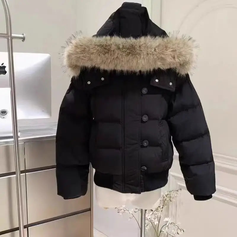 Women's retro American warm fur-collared solid color hooded cotton coat, loose casual slim winter cotton coat jacket