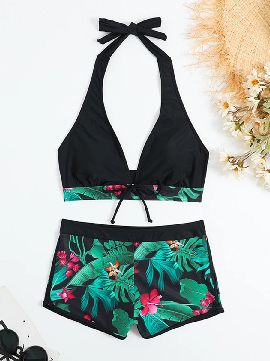 Ensemble de bikini halter 2026, maillot de bain court pour femme, maillot de bain taille haute imprimé, tenue de plage