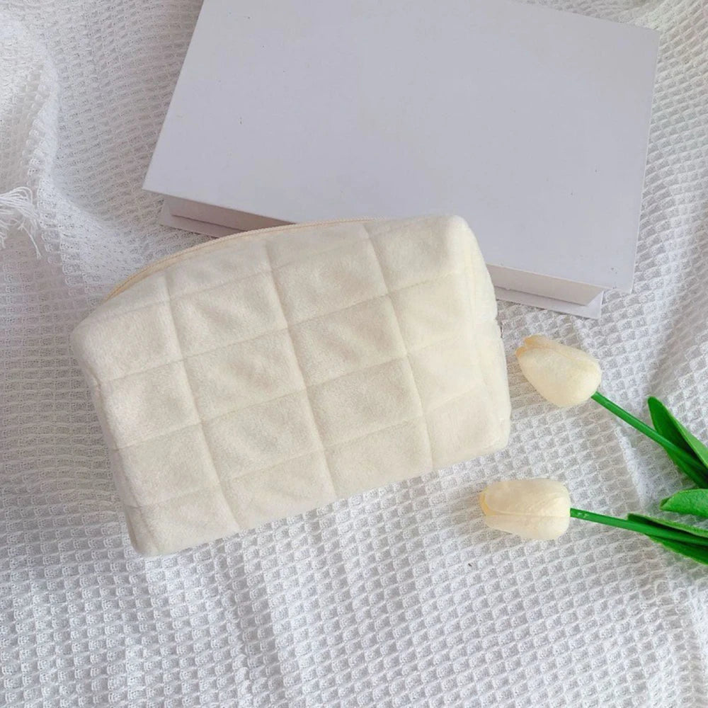 Neceser de felpa suave, bolsa de viaje portátil, color liso, cierre de cremallera, organizador de almacenamiento de artículos de tocador para mujeres, bolsa de maquillaje