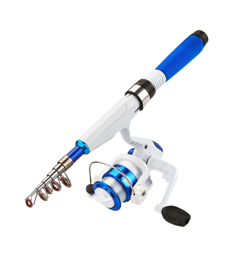 DEUKIO – Mini canne à pêche combinée avec canne à pêche télescopique courte et moulinet Spinning, ensemble de poteaux de voyage pour enfants débutants