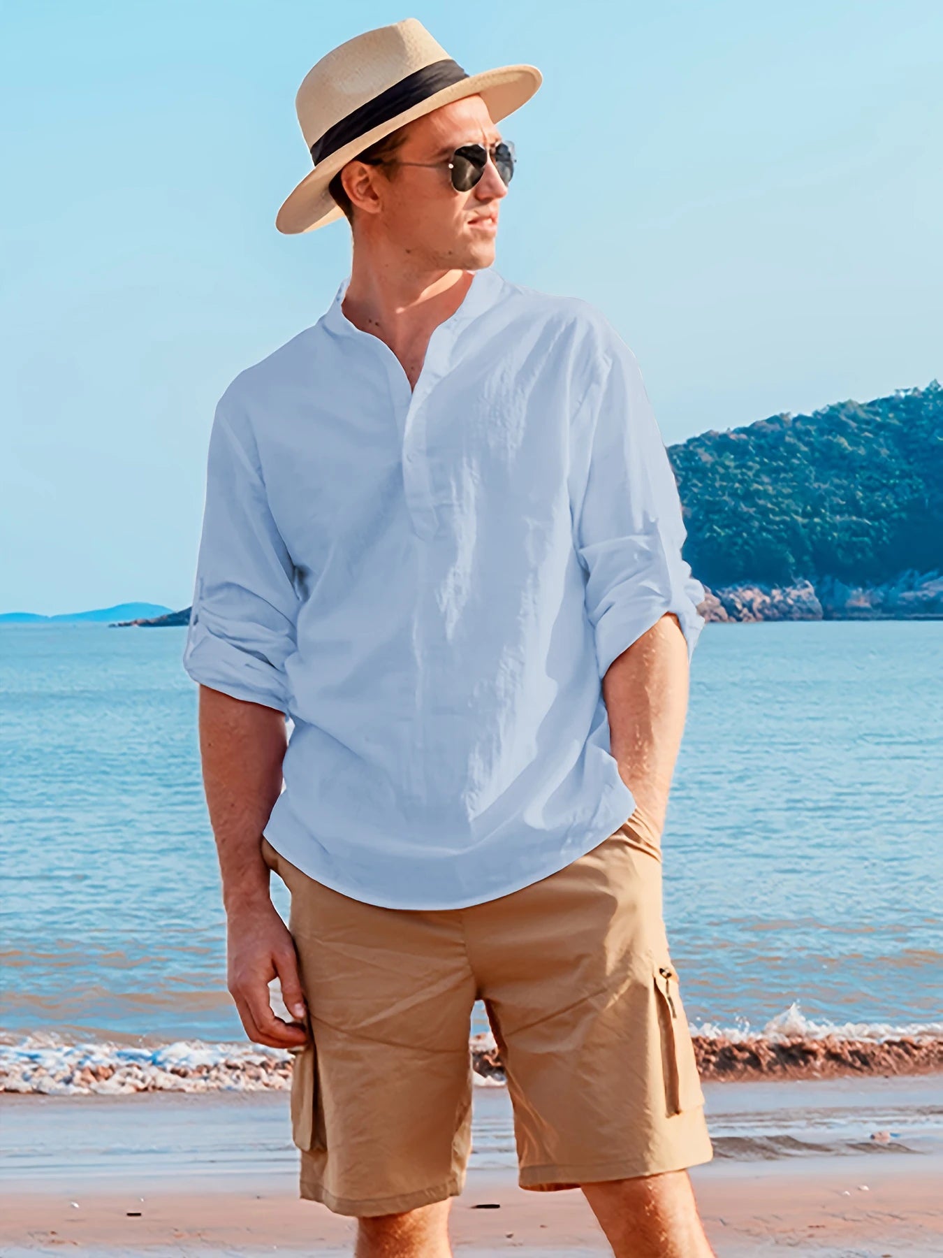 Camisa de lino de manga larga para hombre, moda casual, elegante, cómoda, transpirable, ropa para hombre