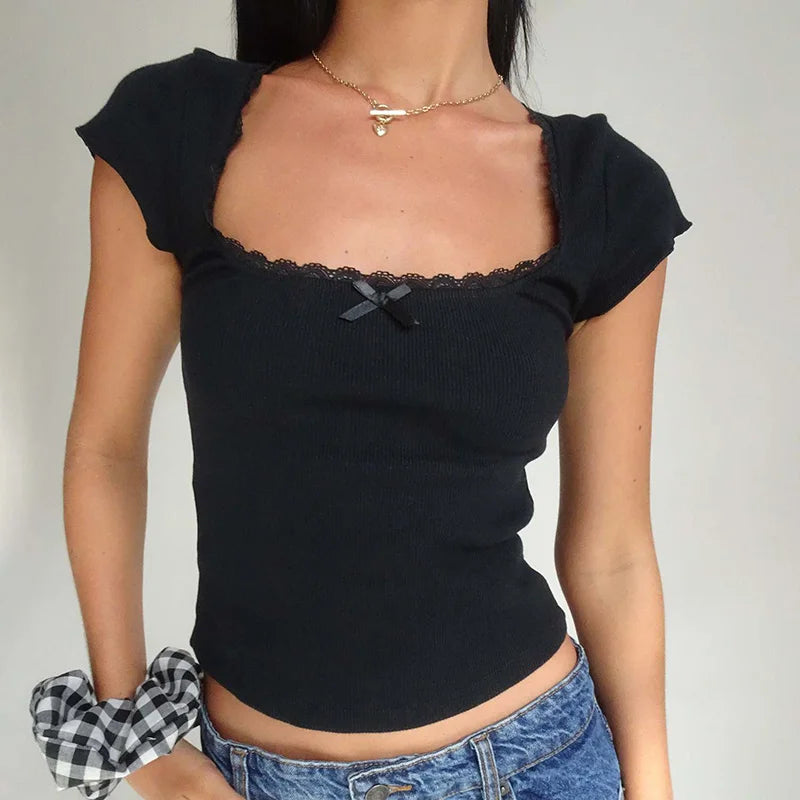 Camiseta vintage Y2k para bebé, camiseta de punto con ribete de encaje, cuello cuadrado, manga corta, para verano, color blanco, estilo milkmaid