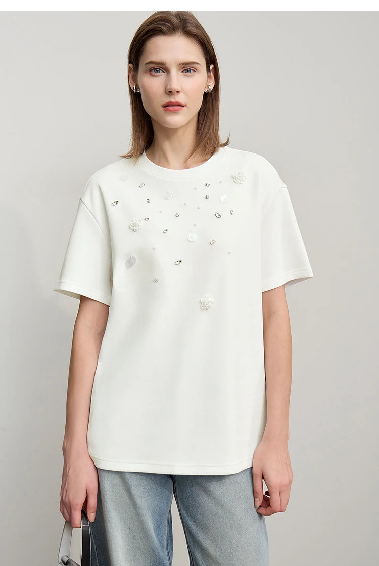 T-shirt femme 2026 — col rond, perle tridimensionnelle, fleur, diamant, tricot, ample