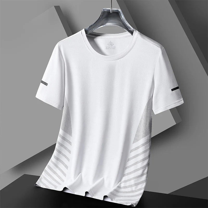 Men's Short Sleeve Running T-Shirt, Thin Ice Silk Top, Reflective Print, Quick Dry, Breathable, Fitness, Sport, 5XL