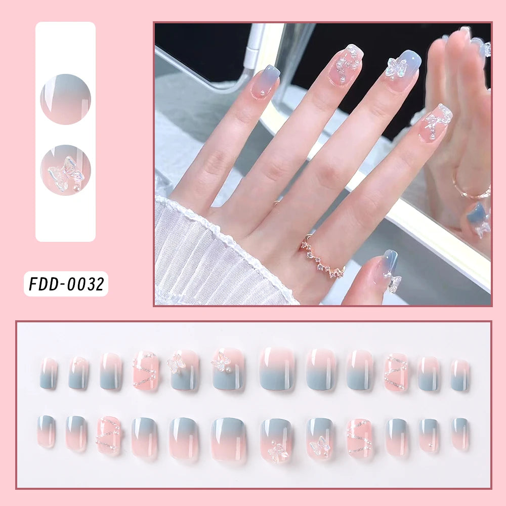 24 pièces/ensemble français rose carré court faux ongles presse sur ongles bord blanc nu rose ongles conseils couverture complète portable pointe française