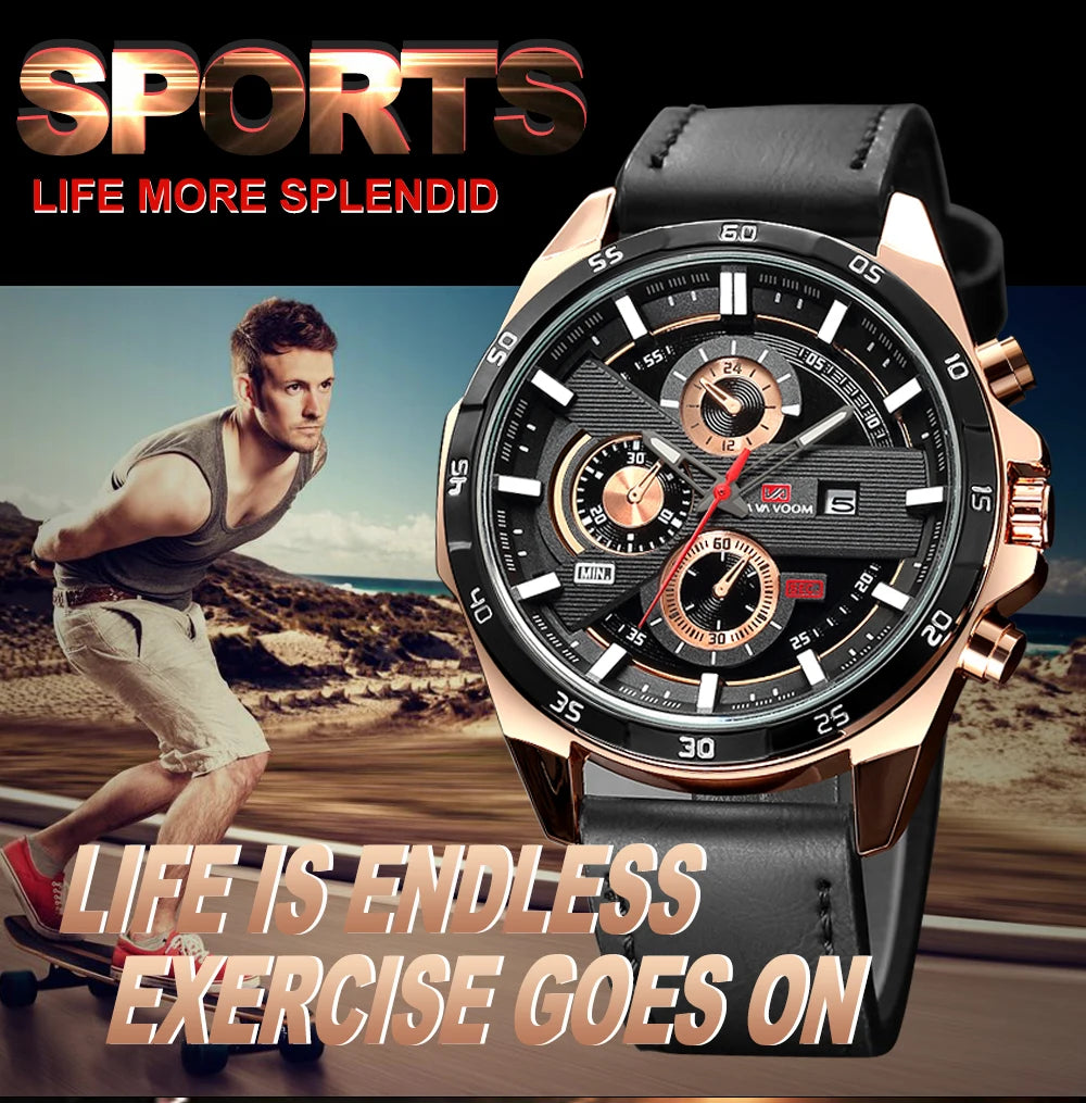 Montres de sport pour hommes, série de course de mode, 46mm, horloge en cuir noir VA VA VOOM, mouvement à Quartz 3Bar, montre-bracelet étanche pour hommes