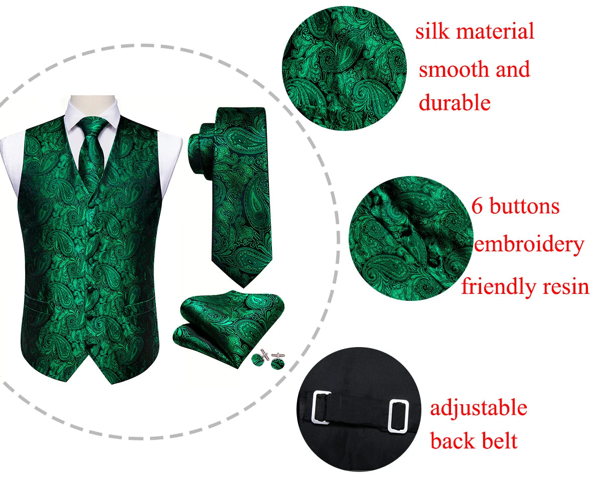 Lujo para hombre, conjunto de chaleco verde Paisley Floral Slim, para hombre, chaleco de vestir sin mangas, formal de trabajo, con corbata y pañuelo, de Barry Wang