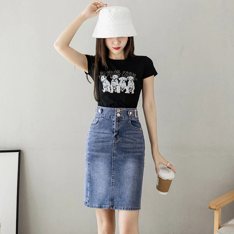 Otoño 2025 talla grande falda para mujer cintura alta talla grande abertura negro o azul denim faldas moda coreana delgada falda femenina