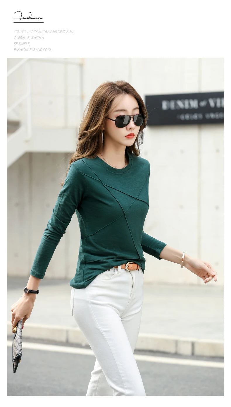 2026 printemps à manches longues femmes col rond bambou coton T-Shirt élégant ample côtelé mode T-Shirt dames Simple hauts