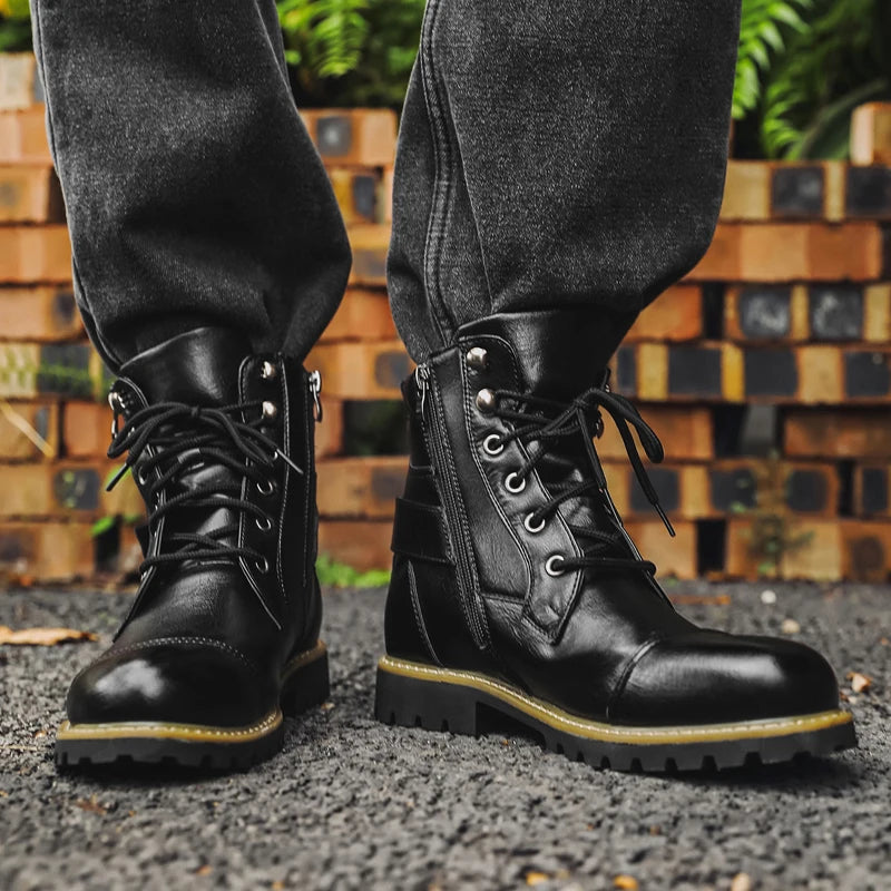Bottines Moto Homme Cuir Double Zip Style Retro — Grande Taille EU 38–48