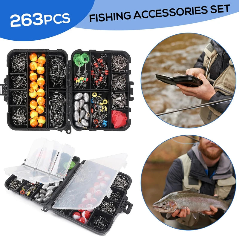 Ensemble d'accessoires de pêche en plein air, 263 pièces, avec boîte à matériel, y compris pinces, crochets de gabarit, poids pivotant, boutons-pression, Kit de diapositives de plomb