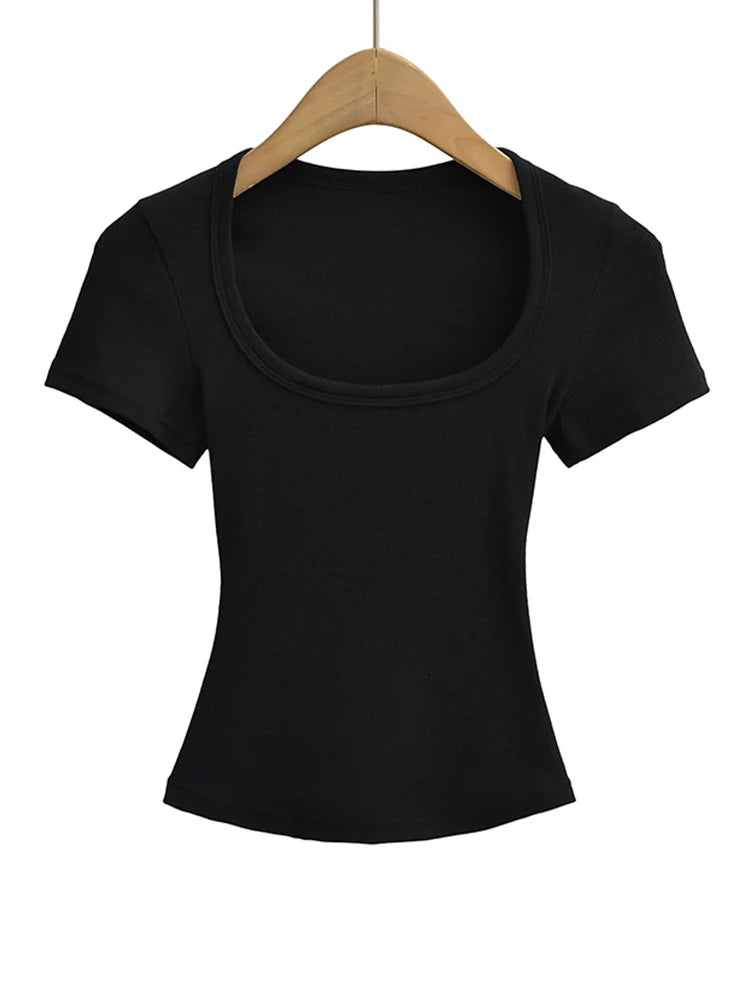 Haut court à col carré pour femmes, coupe cintrée, pull à manches courtes, très extensible, chemisier d'été Sexy, T-shirt pour le fond