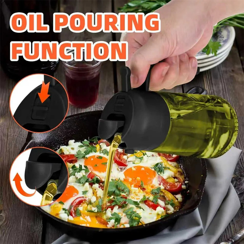 Pulvérisateur d'huile pour la cuisine de 470 ml, distributeur d'huile d'olive 2 en 1 et flacon pulvérisateur d'huile, vaporisateur d'huile avec autocollants, flacon pulvérisateur en verre épais