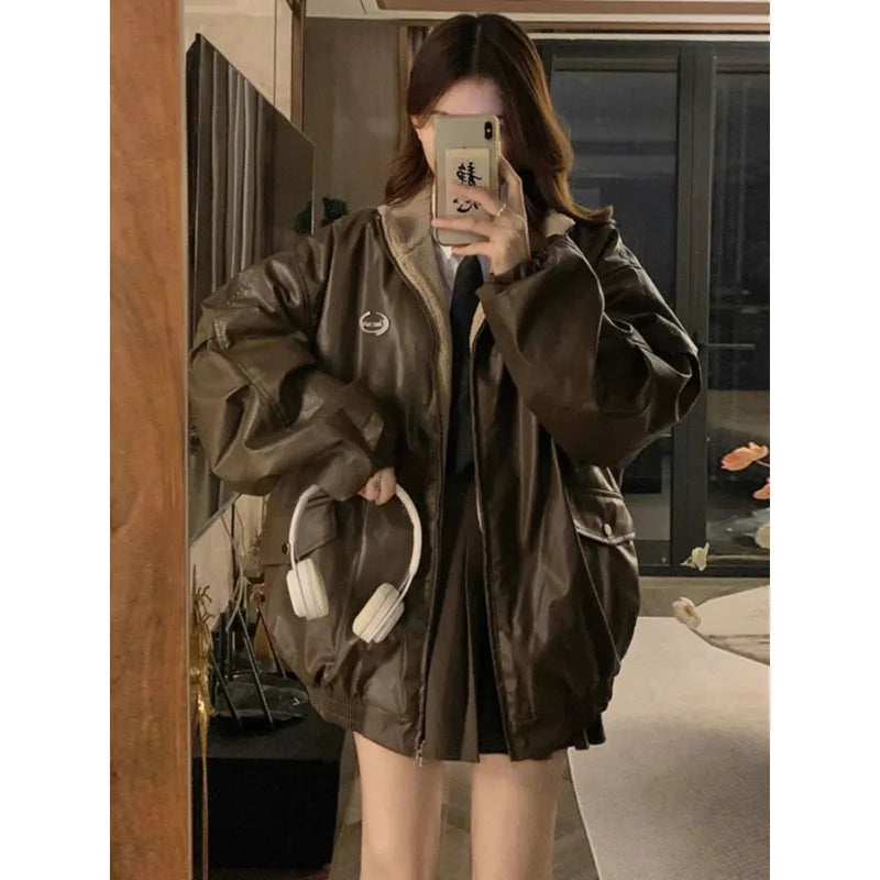 Maillard mode veste en cuir PU avec manteau en laine d'agneau des deux côtés femme Y2K hiver nouvelle Locomotive en velours veste rembourrée en coton